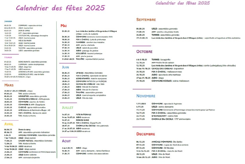 CALENDRIER DES FETES 2025